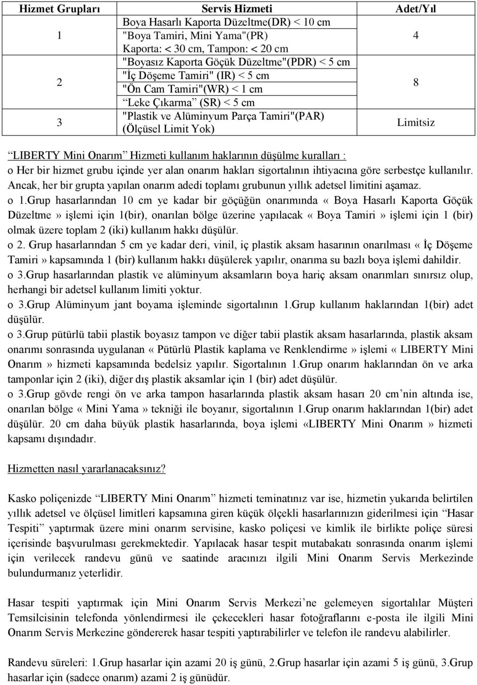 haklarının düşülme kuralları : o Her bir hizmet grubu içinde yer alan onarım hakları sigortalının ihtiyacına göre serbestçe kullanılır.