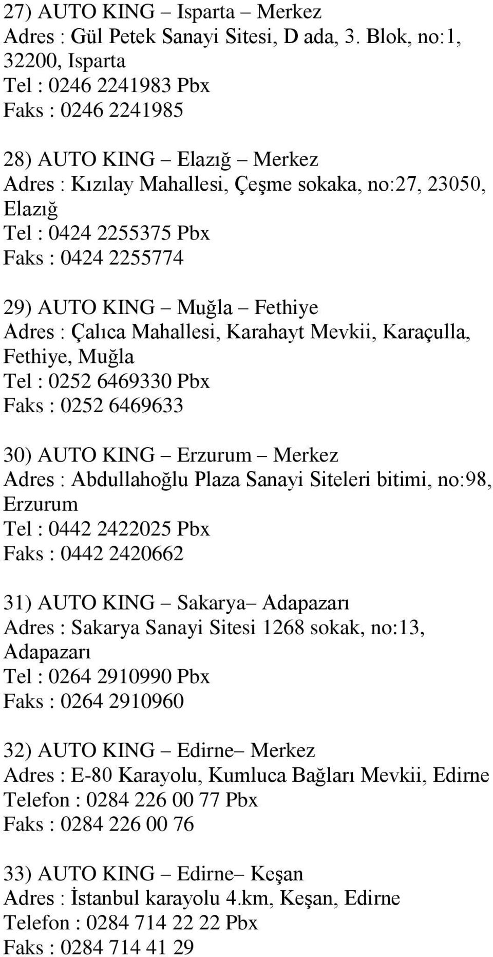 2255774 29) AUTO KING Muğla Fethiye Adres : Çalıca Mahallesi, Karahayt Mevkii, Karaçulla, Fethiye, Muğla Tel : 0252 6469330 Pbx Faks : 0252 6469633 30) AUTO KING Erzurum Merkez Adres : Abdullahoğlu