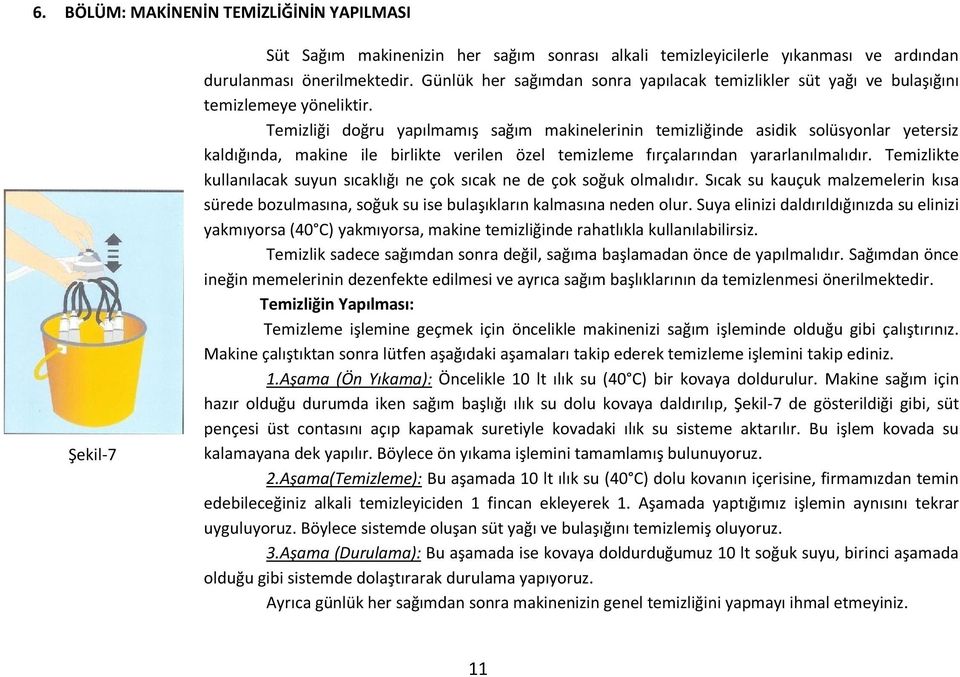 Temizliği doğru yapılmamış sağım makinelerinin temizliğinde asidik solüsyonlar yetersiz kaldığında, makine ile birlikte verilen özel temizleme fırçalarından yararlanılmalıdır.