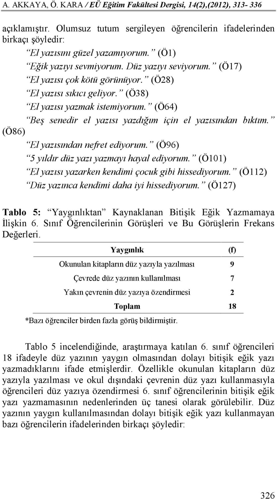 (Ö86) El yazısından nefret ediyorum. (Ö96) 5 yıldır düz yazı yazmayı hayal ediyorum. (Ö101) El yazısı yazarken kendimi çocuk gibi hissediyorum. (Ö112) Düz yazınca kendimi daha iyi hissediyorum.