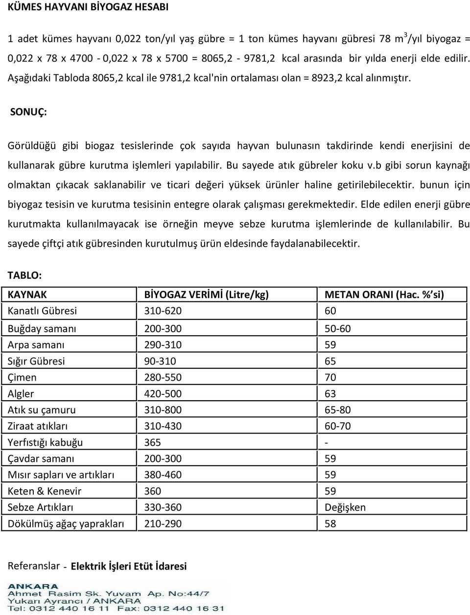 SONUÇ: Görüldüğü gibi biogaz tesislerinde çok sayıda hayvan bulunasın takdirinde kendi enerjisini de kullanarak gübre kurutma işlemleri yapılabilir. Bu sayede atık gübreler koku v.