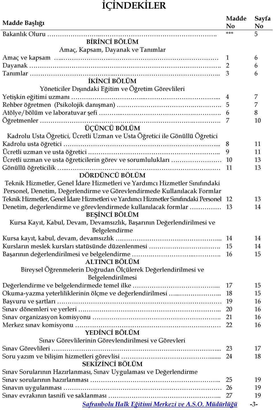 .... 6 8 Öğretmenler.. 7 10 ÜÇÜNCÜ BÖLÜM Kadrolu Usta Öğretici, Ücretli Uzman ve Usta Öğretici ile Gönüllü Öğretici Kadrolu usta öğretici... 8 11 Ücretli uzman ve usta öğretici.