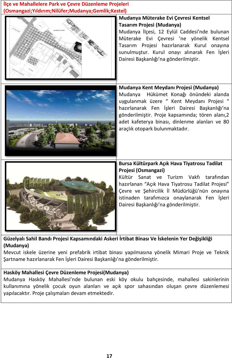 Kurul onayı alınarak Fen İşleri Dairesi Mudanya Kent Meydanı Projesi (Mudanya) Mudanya Hükümet Konağı önündeki alanda uygulanmak üzere Kent Meydanı Projesi hazırlanarak Fen İşleri Dairesi Başkanlığı