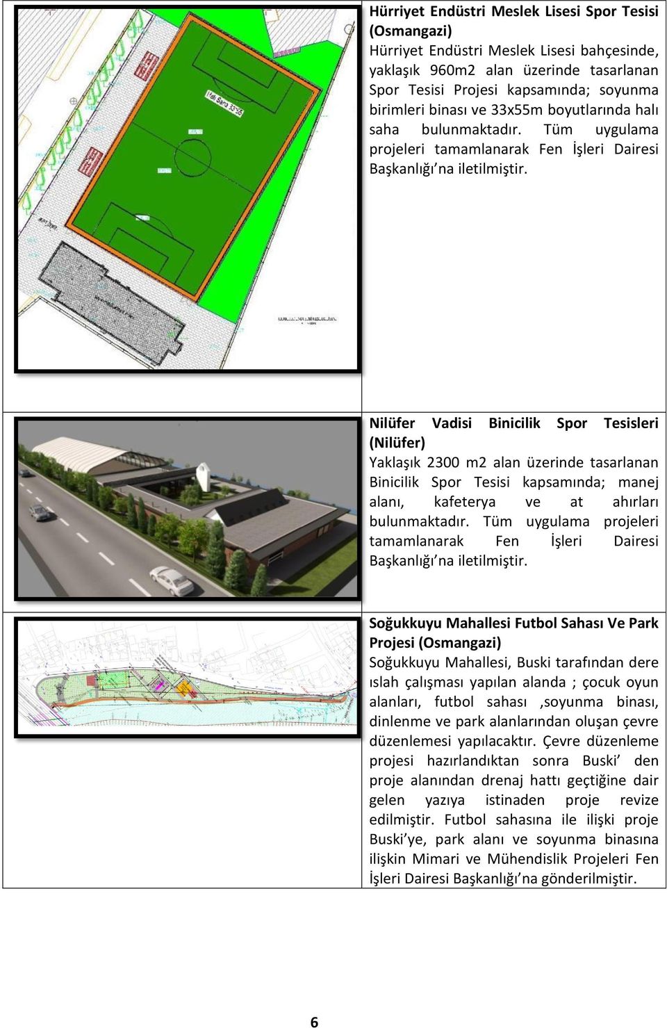 Nilüfer Vadisi Binicilik Spor Tesisleri (Nilüfer) Yaklaşık 2300 m2 alan üzerinde tasarlanan Binicilik Spor Tesisi kapsamında; manej alanı, kafeterya ve at ahırları bulunmaktadır.