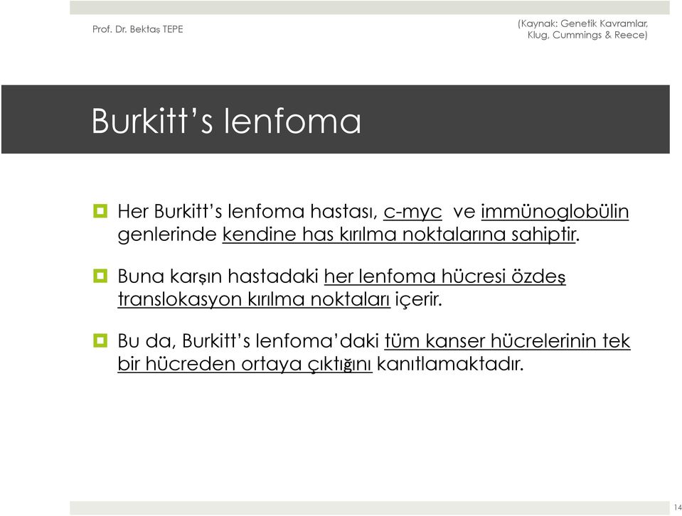 Buna karşın hastadaki her lenfoma hücresi özdeş translokasyon kırılma noktaları