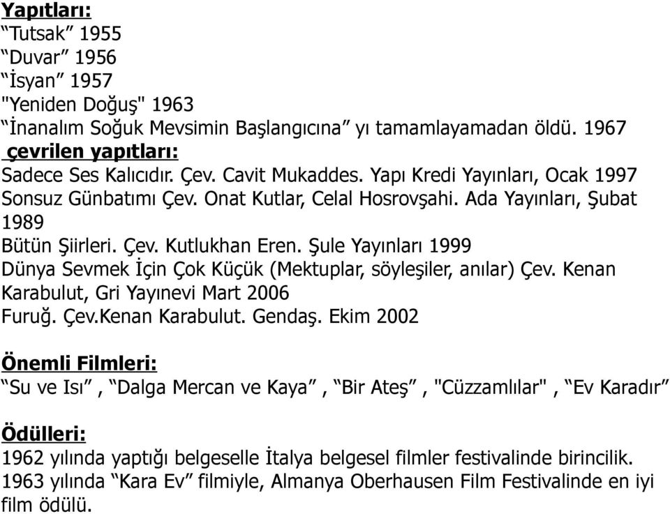 Şule Yayınları 1999 Dünya Sevmek İçin Çok Küçük (Mektuplar, söyleşiler, anılar) Çev. Kenan Karabulut, Gri Yayınevi Mart 2006 Furuğ. Çev.Kenan Karabulut. Gendaş.