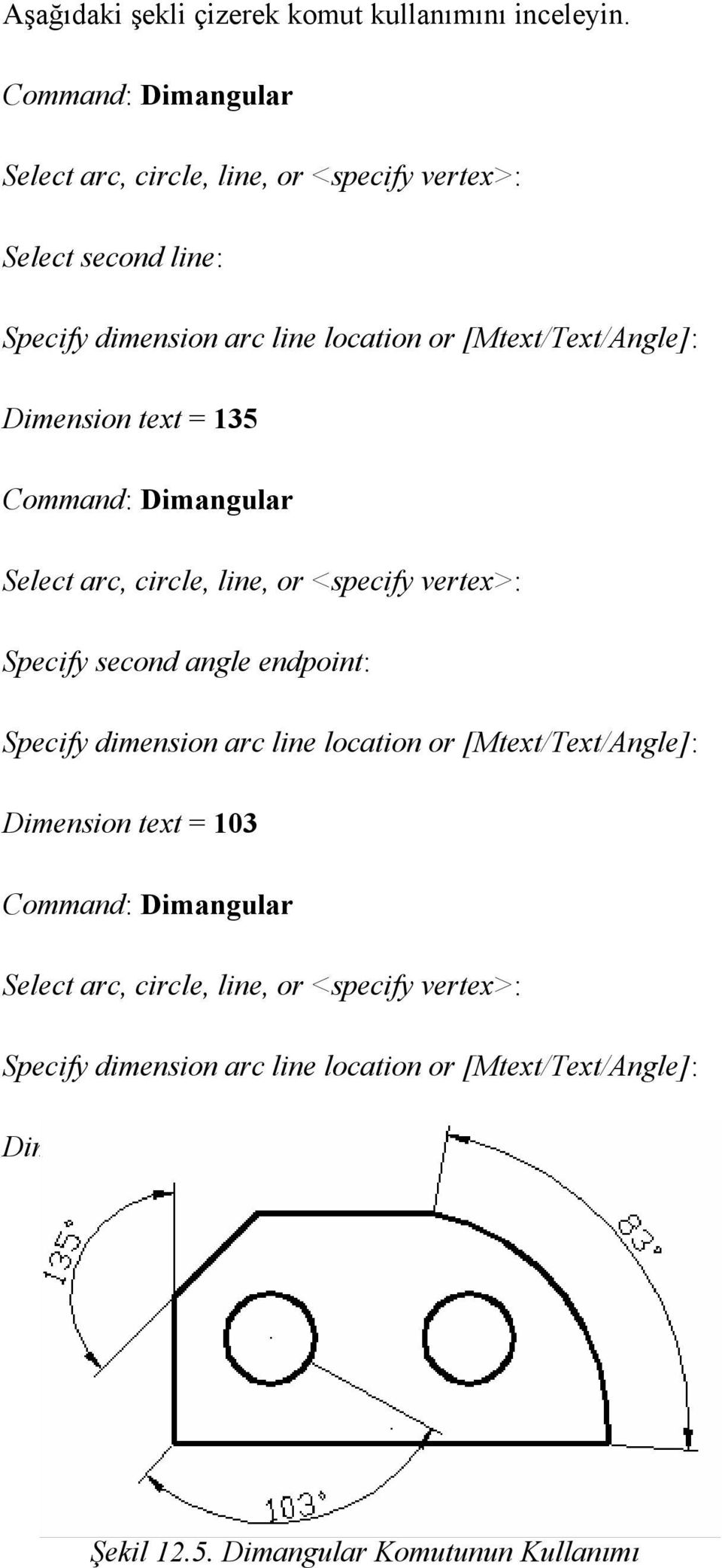 Dimension text = 135 Command: Dimangular Select arc, circle, line, or <specify vertex>: Specify second angle endpoint: Specify dimension arc line