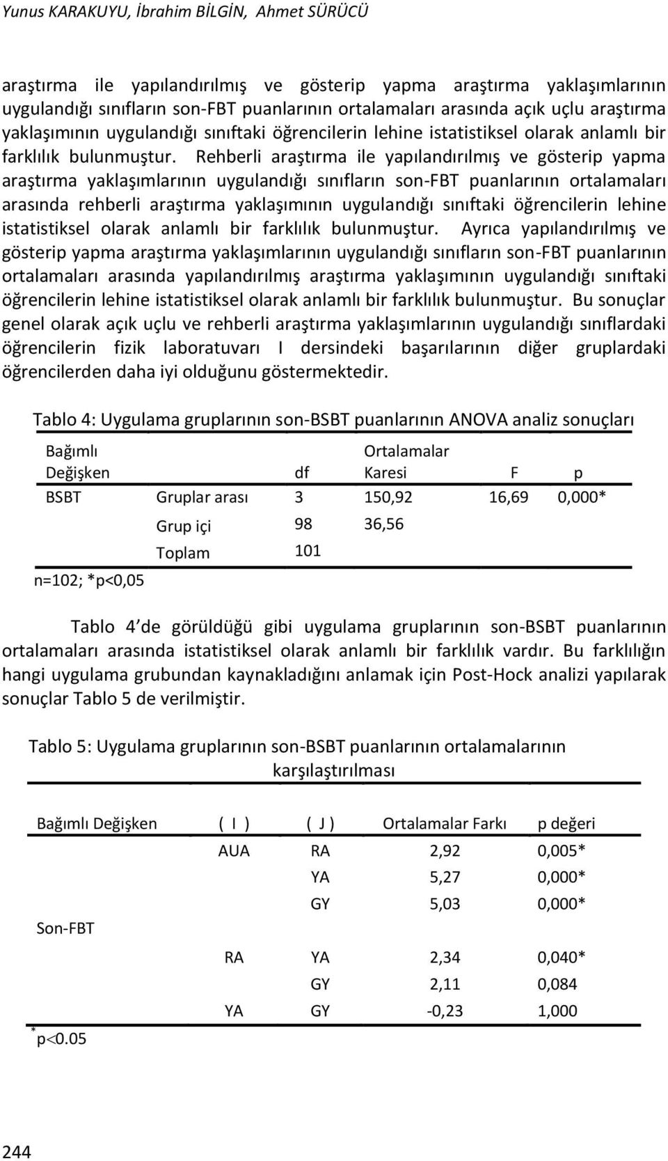 Rehberli araştırma ile yapılandırılmış ve gösterip yapma araştırma yaklaşımlarının uygulandığı sınıfların son-fbt puanlarının ortalamaları arasında rehberli  Ayrıca yapılandırılmış ve gösterip yapma