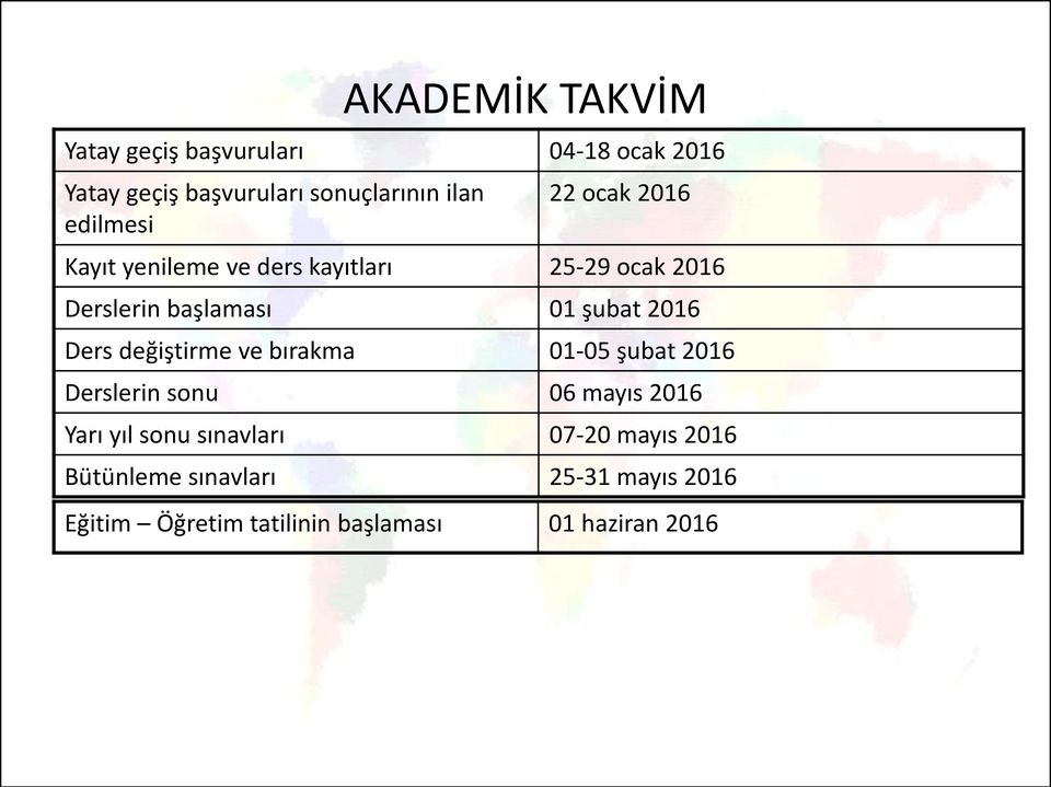 2016 Ders değiştirme ve bırakma 01-05 şubat 2016 Derslerin sonu 06 mayıs 2016 Yarı yıl sonu