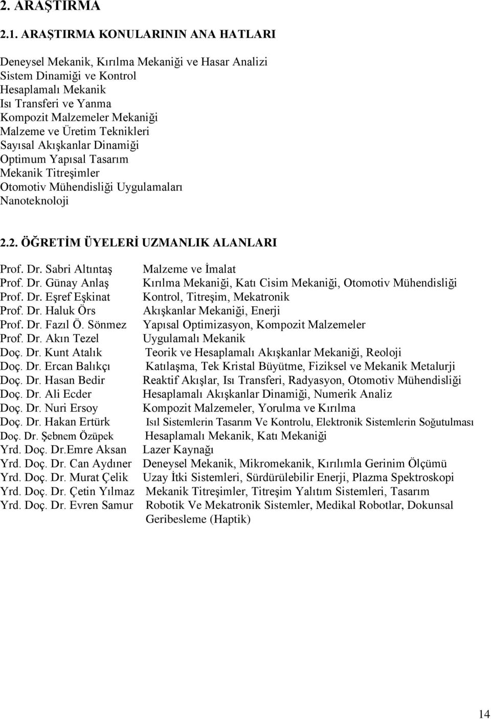 Üretim Teknikleri Sayısal Akışkanlar Dinamiği Optimum Yapısal Tasarım Mekanik Titreşimler Otomotiv Mühendisliği Uygulamaları Nanoteknoloji 2.2. ÖĞRETİM ÜYELERİ UZMANLIK ALANLARI Prof. Dr.