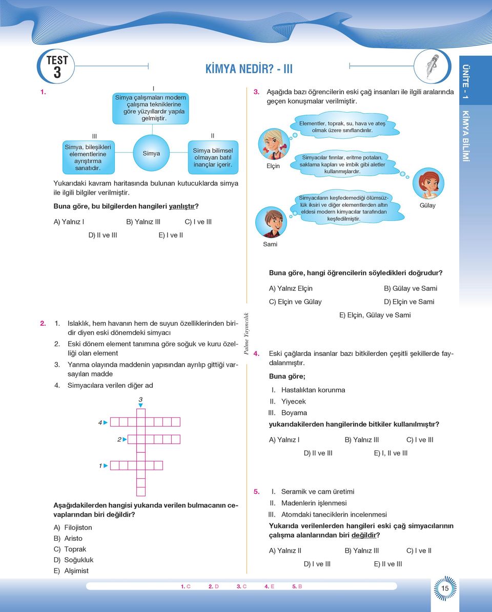 Elçin Elementler, toprak, su, hava ve ateş olmak üzere sınıflandırılır. Simyacılar fırınlar, eritme potaları, saklama kapları ve imbik gibi aletler kullanmışlardır.