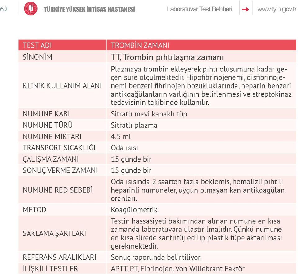 Hipofibrinojenemi, disfibrinojenemi benzeri fibrinojen bozukluklarında, heparin benzeri antikoağülanların varlığının belirlenmesi ve streptokinaz tedavisinin takibinde kullanılır.