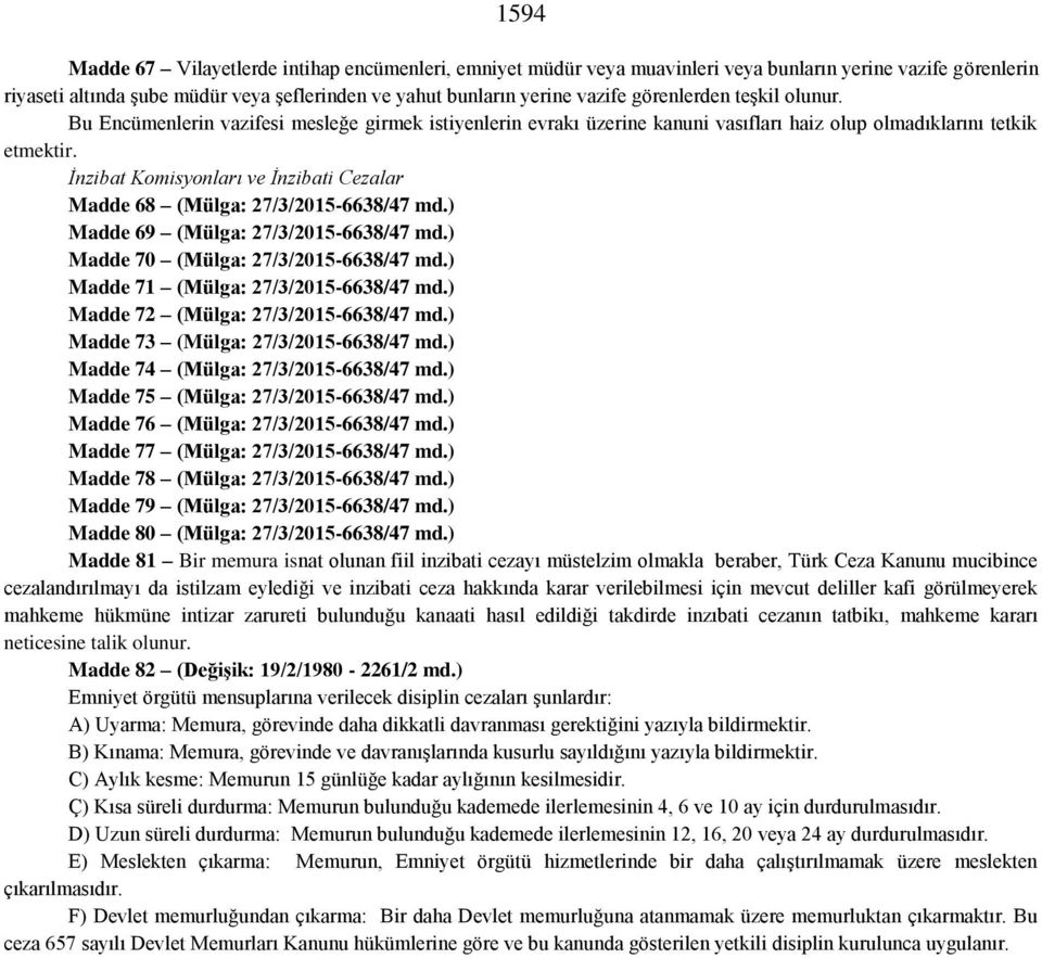 İnzibat Komisyonları ve İnzibati Cezalar Madde 68 (Mülga: 27/3/2015-6638/47 md.) Madde 69 (Mülga: 27/3/2015-6638/47 md.) Madde 70 (Mülga: 27/3/2015-6638/47 md.) Madde 71 (Mülga: 27/3/2015-6638/47 md.