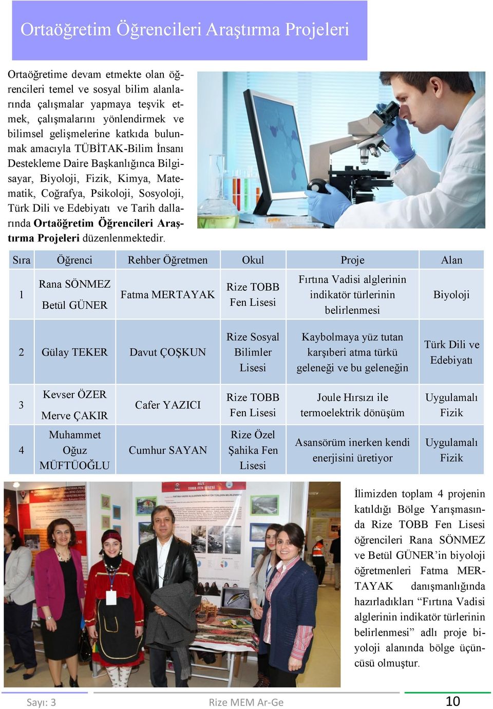 Tarih dallarında Ortaöğretim Öğrencileri Araştırma Projeleri düzenlenmektedir.