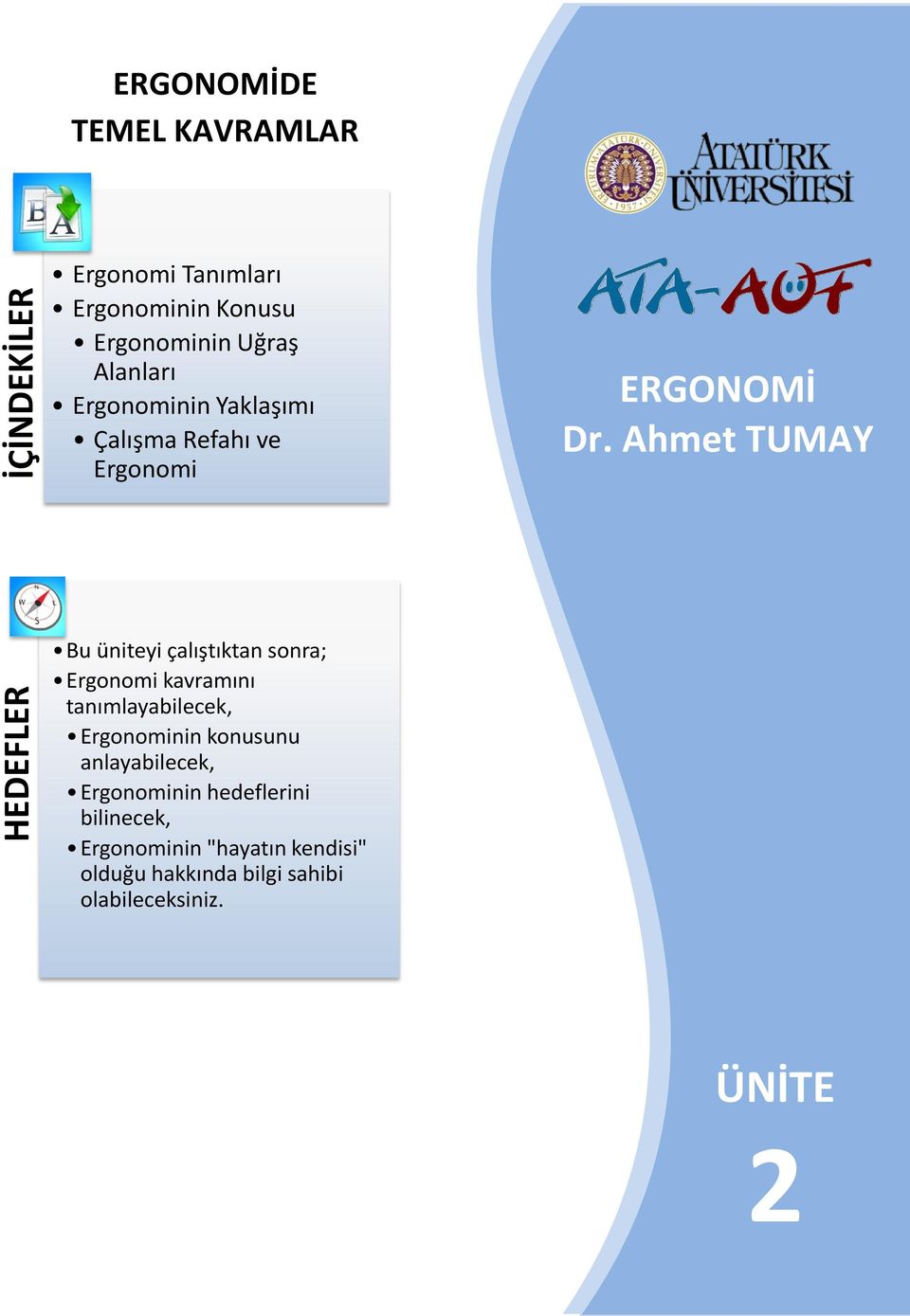 Ahmet TUMAY Bu üniteyi çalıştıktan sonra; Ergonomi kavramını tanımlayabilecek, Ergonominin konusunu