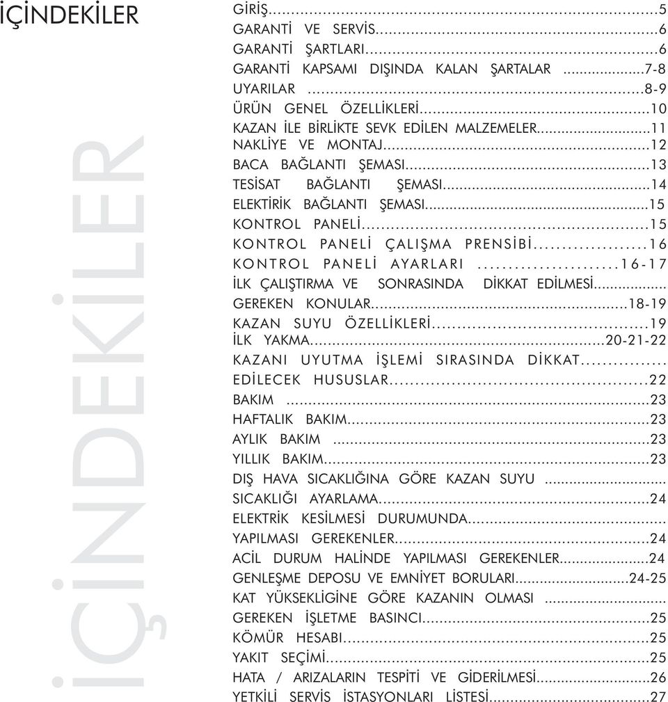 ..15 KONTROL PANELİ ÇALIŞMA PRENSİBİ...16 KO N T R O L PA N E L İ AYA R L A R I....................... 1 6-1 7 İLK ÇALIŞTIRMA VE SONRASINDA DİKKAT EDİLMESİ... GEREKEN KONULAR.