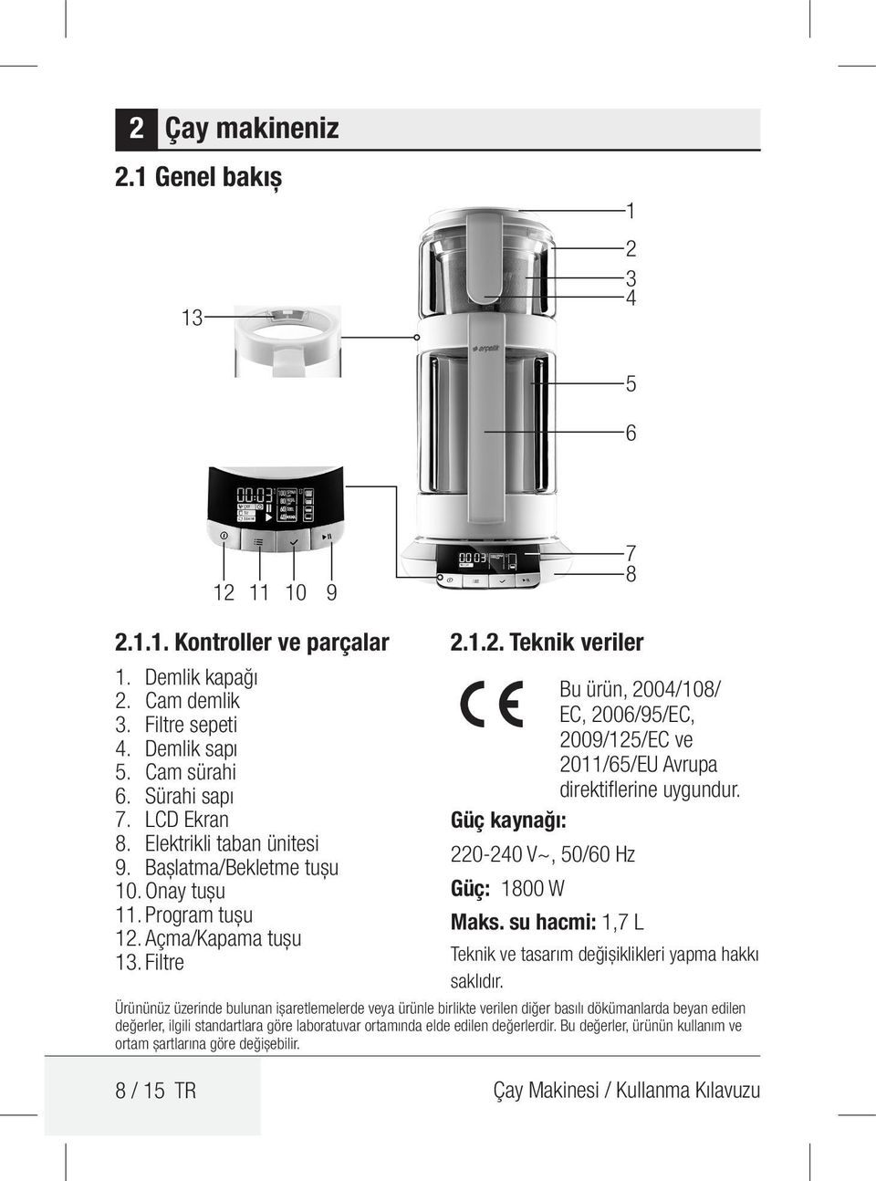 Güç kaynağı: 220-240 V~, 50/60 Hz Güç: 1800 W Maks. su hacmi: 1,7 L Teknik ve tasarım değişiklikleri yapma hakkı saklıdır.