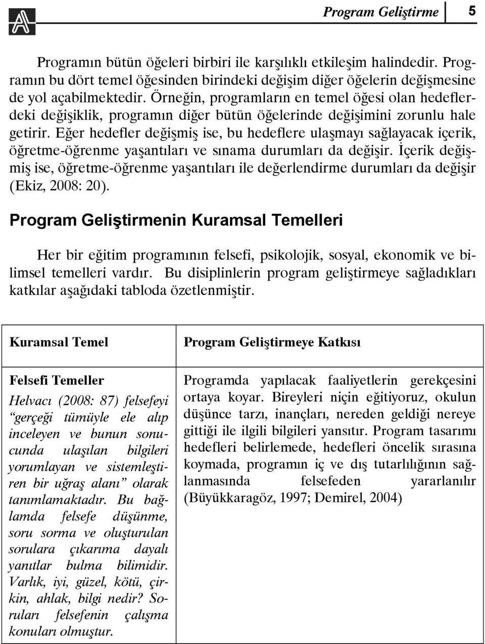 Eğer hedefler değişmiş ise, bu hedeflere ulaşmayı sağlayacak içerik, öğretme-öğrenme yaşantıları ve sınama durumları da değişir.