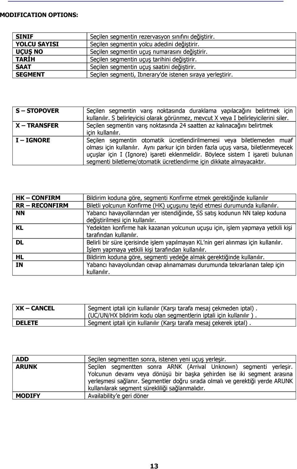 S STOPOVER X TRANSFER I IGNORE Seçilen segmentin varış noktasında duraklama yapılacağını belirtmek için kullanılır. S belirleyicisi olarak görünmez, mevcut X veya I belirleyicilerini siler.