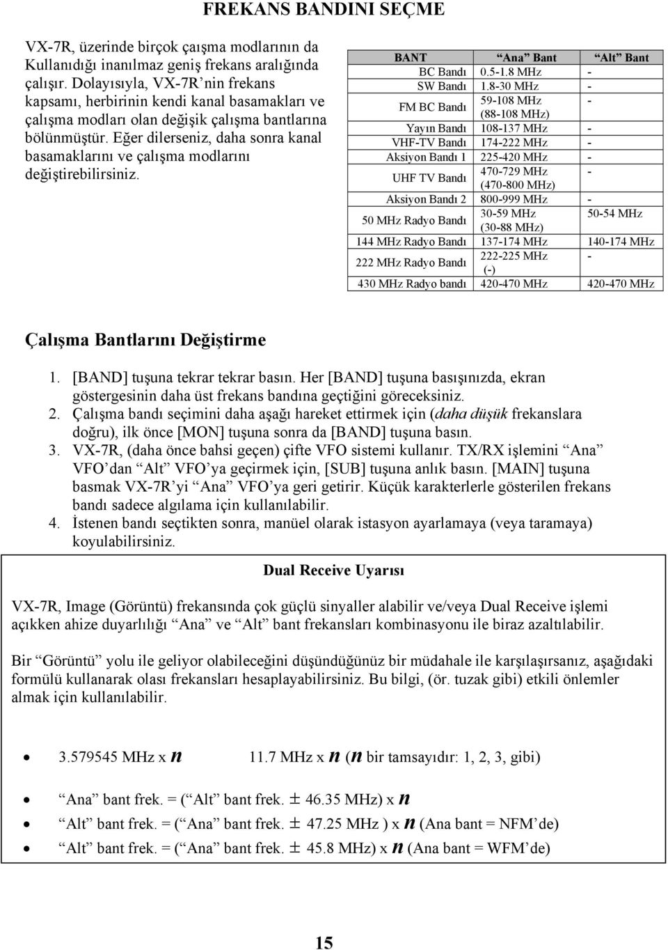 Eğer dilerseniz, daha sonra kanal basamaklarını ve çalışma modlarını değiştirebilirsiniz. BANT Ana Bant Alt Bant BC Bandı 0.5-1.8 MHz - SW Bandı 1.