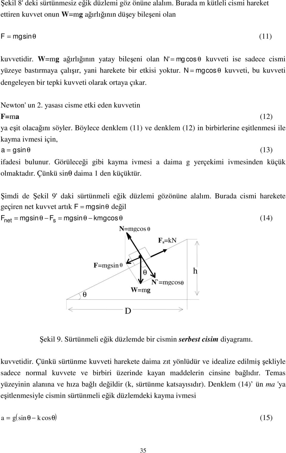 N = mgcos kueti, bu kueti dengeleyen bir tepki kueti olarak ortaya çıkar. Newton' un 2. yasası cisme etki eden kuetin F=ma (12) ya eşit olacağını söyler.