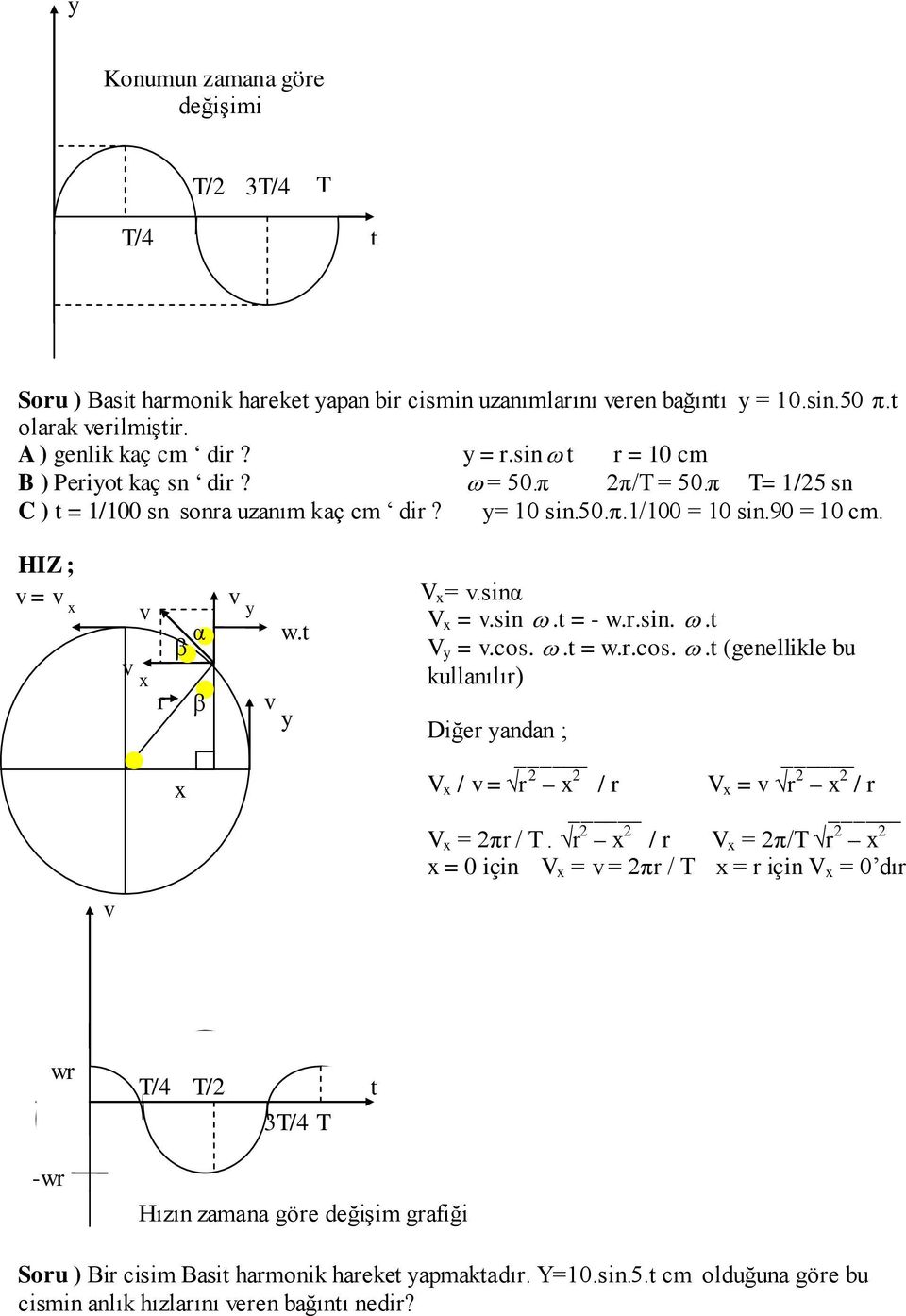 t V x = v.sinα V x = v.sin ω.t = - w.r.sin. ω.t V y = v.cos. ω.t = w.r.cos. ω.t (genellikle bu kullanılır) Diğer yandan ; V x / v = r 2 x 2 / r V x = v r 2 x 2 / r V x = 2πr / T.