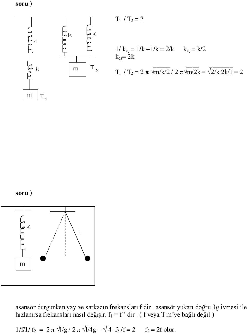 2k/1 = 2 soru ) l asansör durgunken yay ve sarkacın frekansları f dir.