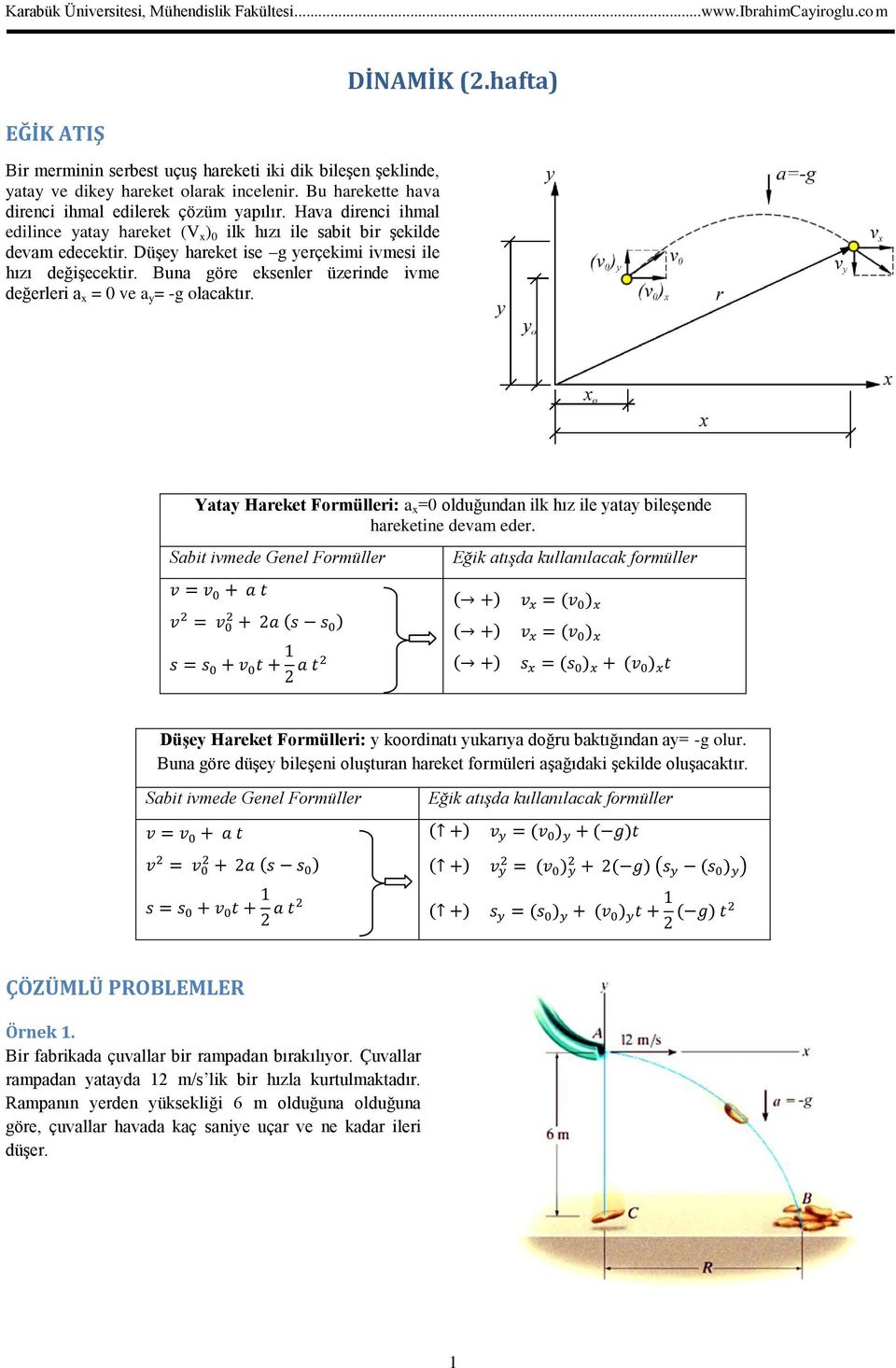 Buna göre eksenler üzerinde ivme değerleri a x = 0 ve a y = -g olacaktır. DİNAMİK (2.hafta) Yatay Hareket Formülleri: a x =0 olduğundan ilk hız ile yatay bileşende hareketine devam eder.