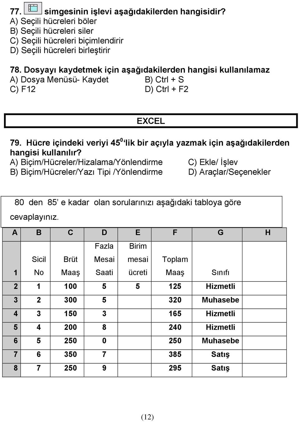 Hücre içindeki veriyi 45 0 lik bir açıyla yazmak için aşağıdakilerden hangisi kullanılır?