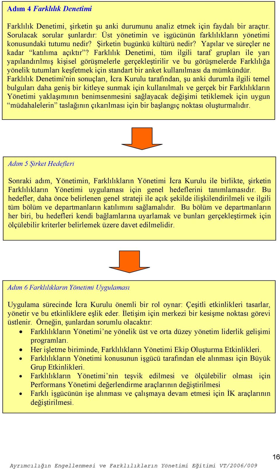 Farklılık Denetimi, tüm ilgili taraf grupları ile yarı yapılandırılmış kişisel görüşmelerle gerçekleştirilir ve bu görüşmelerde Farklılığa yönelik tutumları keşfetmek için standart bir anket