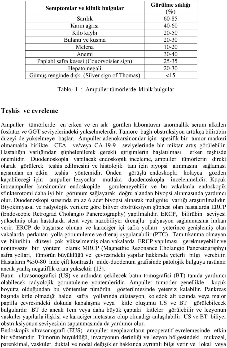 anormallik serum alkalen fosfataz ve GGT seviyelerindeki yükselmelerdir. Tümöre bağlı obstrüksiyon arttıkça bilirübin düzeyi de yükselmeye başlar.