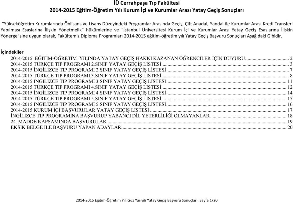 Programları 2014-2015 eğitim-öğretim yılı Başvuru ları Aşağıdaki Gibidir. İçindekiler 2014-2015 EĞİTİM-ÖĞRETİM YILINDA YATAY GEÇİŞ HAKKI KAZANAN ÖĞRENCİLER İÇİN DUYURU.