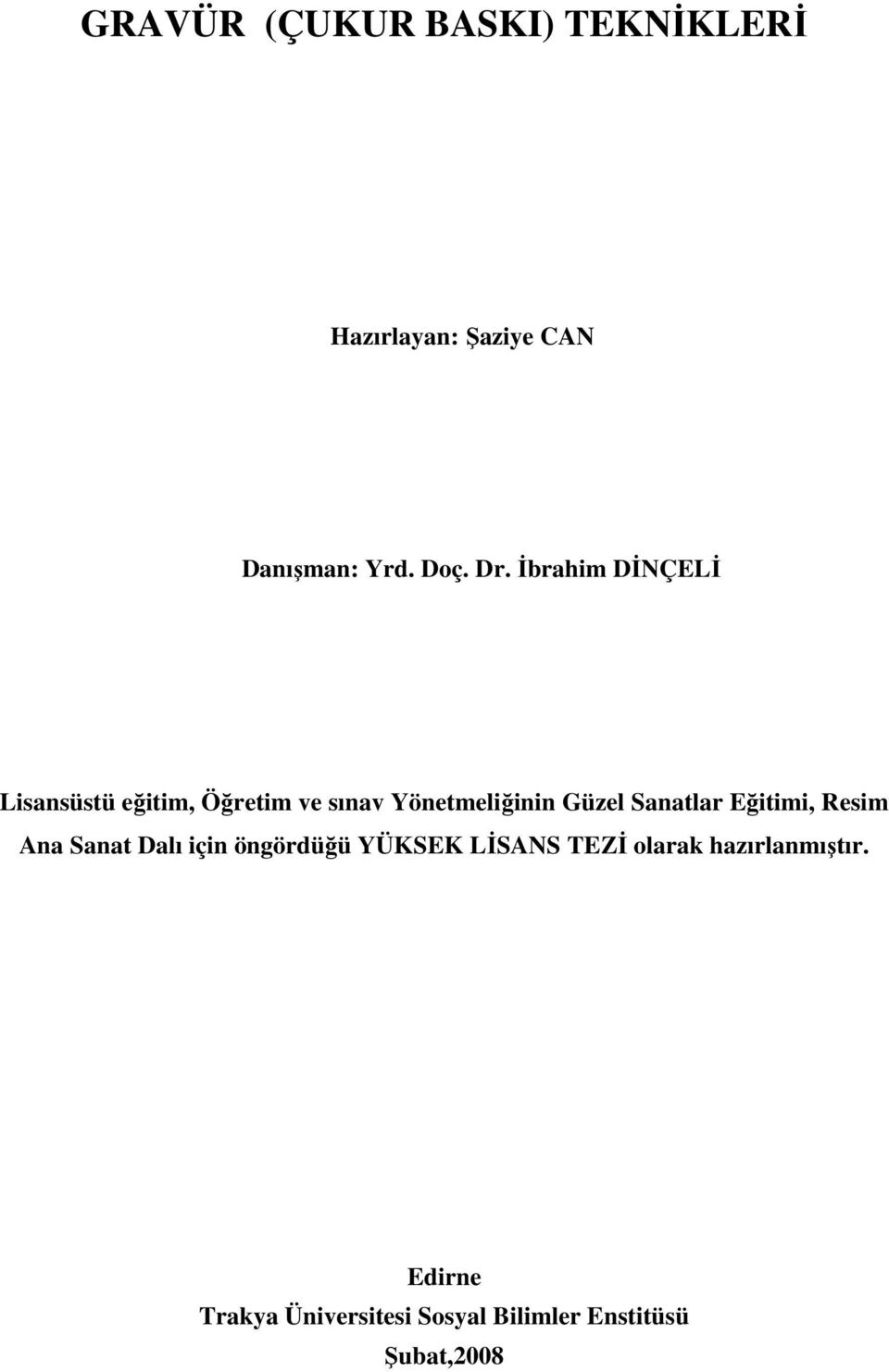 Sanatlar Eğitimi, Resim Ana Sanat Dalı için öngördüğü YÜKSEK LİSANS TEZİ