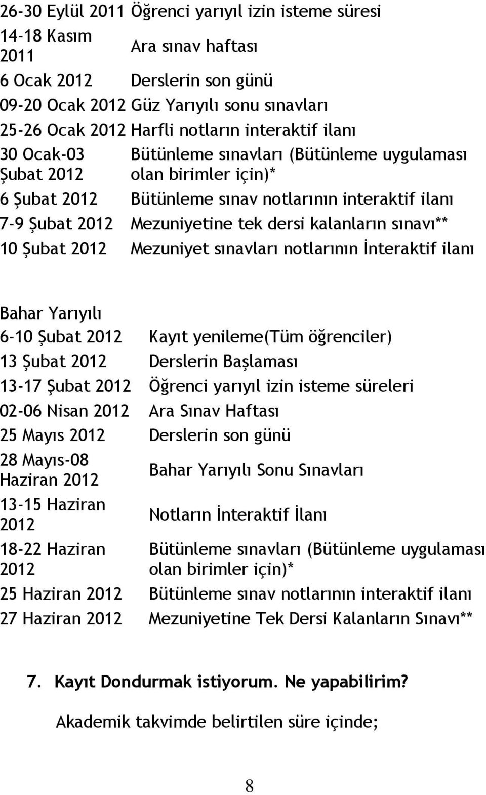 kalanların sınavı** 10 Şubat 2012 Mezuniyet sınavları notlarının İnteraktif ilanı Bahar Yarıyılı 6-10 Şubat 2012 Kayıt yenileme(tüm öğrenciler) 13 Şubat 2012 Derslerin Başlaması 13-17 Şubat 2012