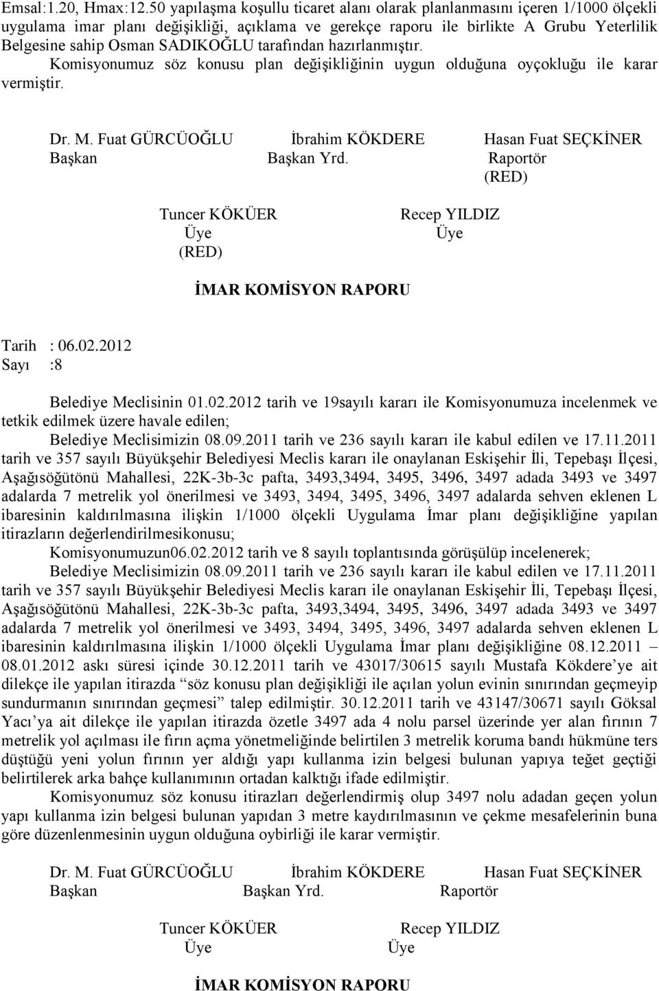 SADIKOĞLU tarafından hazırlanmıştır. Komisyonumuz söz konusu plan değişikliğinin uygun olduğuna oyçokluğu ile karar vermiştir. İbrahim KÖKDERE Hasan Fuat SEÇKİNER Yrd.