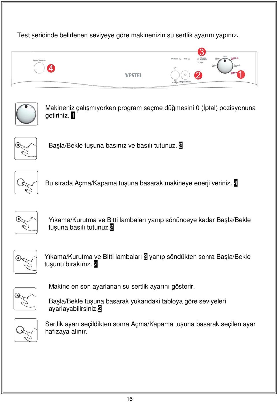 4 Yıkama/Kurutma ve Bitti lambaları yanıp sönünceye kadar Başla/Bekle tuşuna basılı tutunuz.