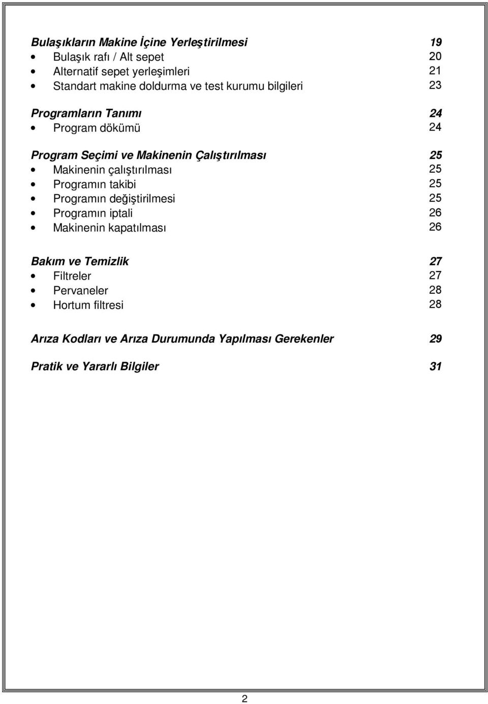 çalıştırılması 25 Programın takibi 25 Programın değiştirilmesi 25 Programın iptali 26 Makinenin kapatılması 26 Bakım ve Temizlik