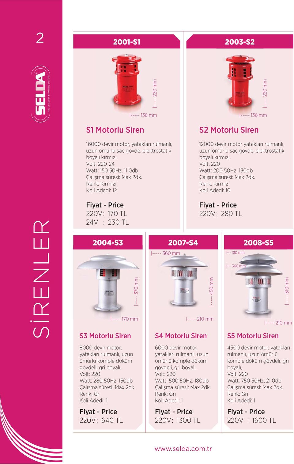 Renk: Kırmızı Koli Adedi: 12 ----- 136 mm S2 Motorlu Siren 12000 devir motor yatakları rulmanlı, uzun ömürlü sac gövde, elektrostatik boyalı kırmızı, Volt: 220 Watt: 200 50Hz, 13 Renk: Kırmızı Koli