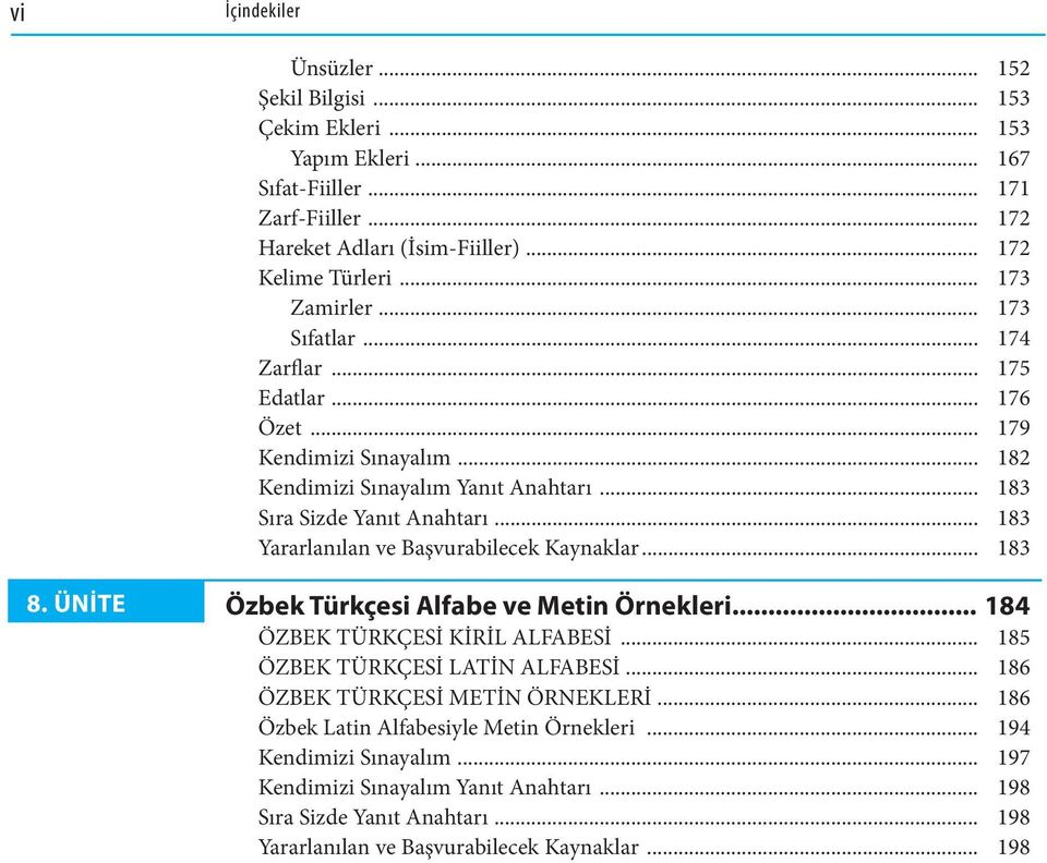 .. 183 Yararlanılan ve Başvurabilecek Kaynaklar... 183 8. ÜNİTE Özbek Türkçesi Alfabe ve Metin Örnekleri... 184 ÖZBEK TÜRKÇESİ KİRİL ALFABESİ... 185 ÖZBEK TÜRKÇESİ LATİN ALFABESİ.