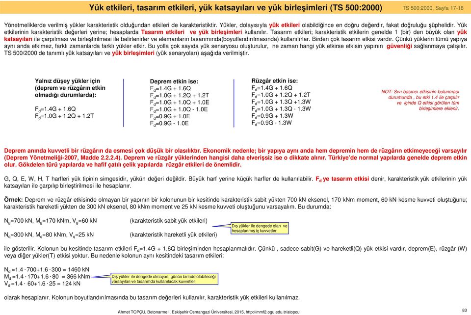 Tasarım etkileri; karakteristik etkilerin genele 1 (bir) en büyük olan yük katsayıları ile çarpılması ve birleştirilmesi ile belirlenirler ve elemanların tasarımına(boyutlanırılmasına) kullanılırlar.