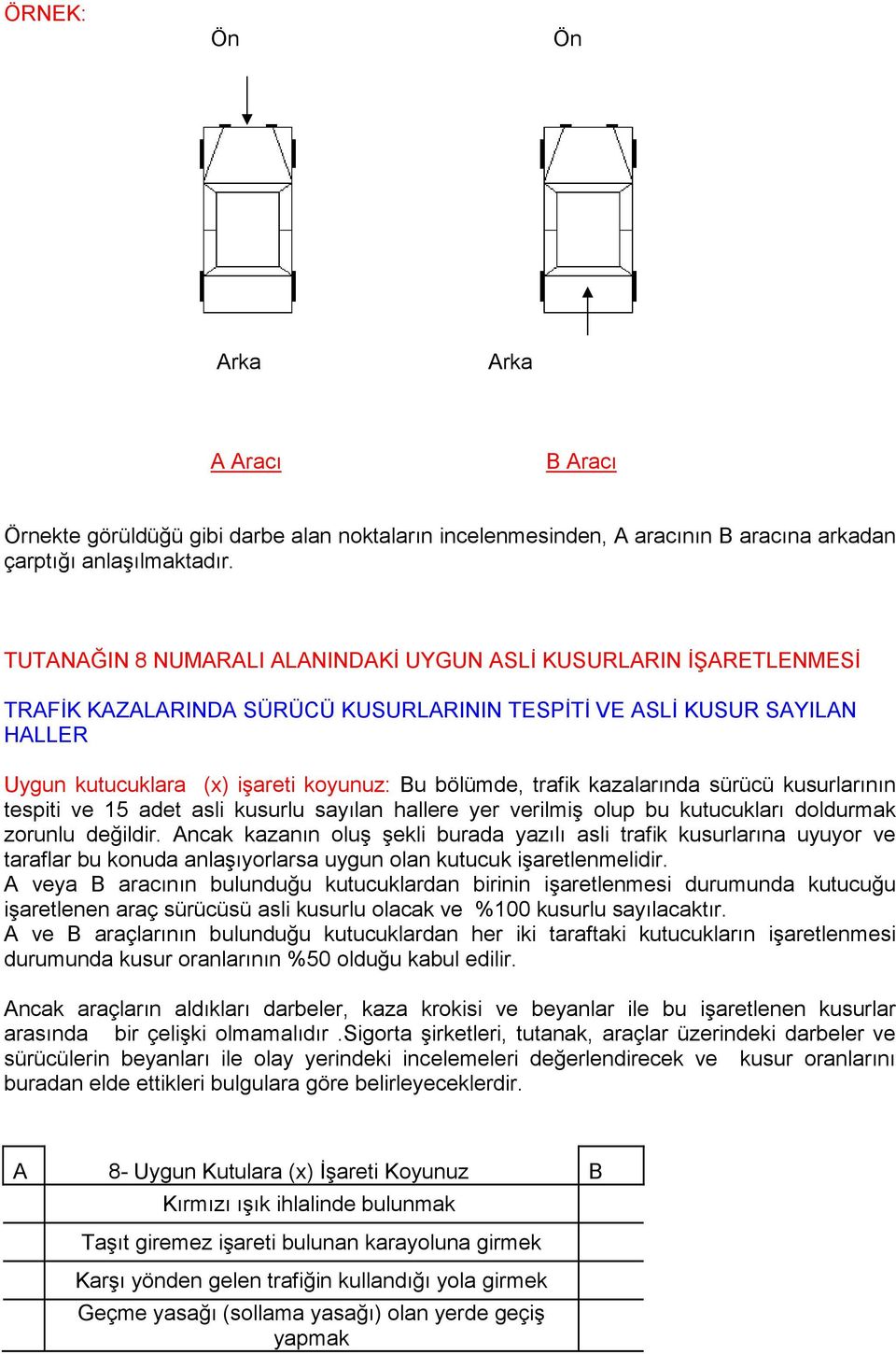 trafik kazalarında sürücü kusurlarının tespiti ve 15 adet asli kusurlu sayılan hallere yer verilmiş olup bu kutucukları doldurmak zorunlu değildir.