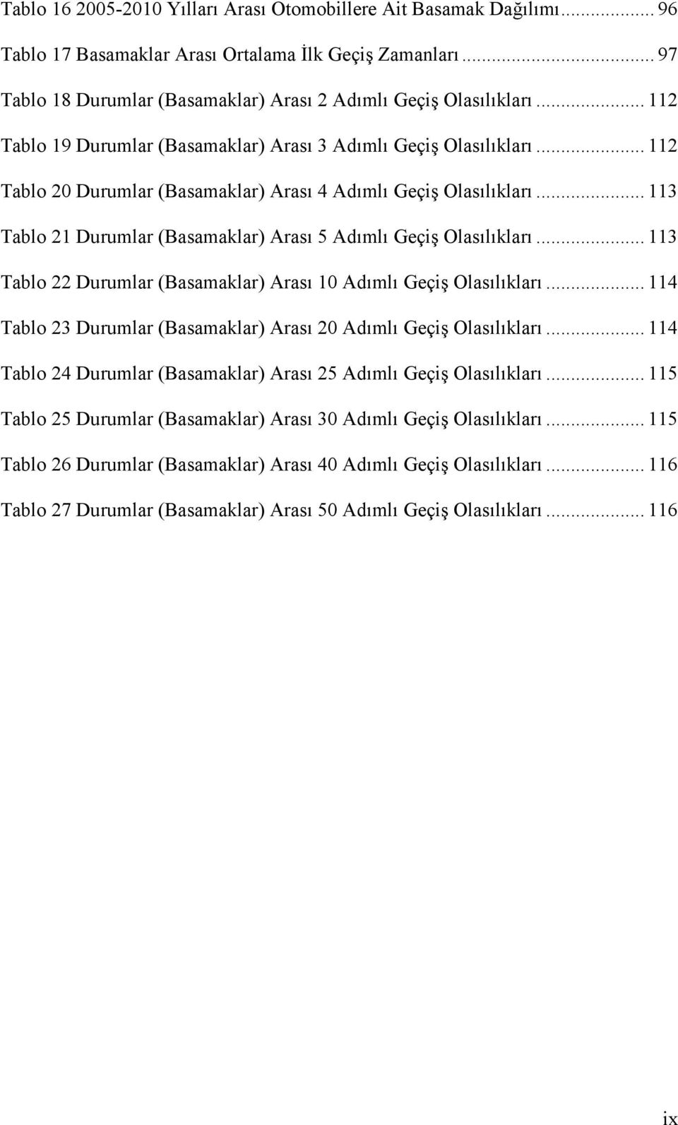 .. 113 Tablo 21 Durumlar (Basamaklar) Arası 5 Adımlı Geçiş Olasılıkları... 113 Tablo 22 Durumlar (Basamaklar) Arası 10 Adımlı Geçiş Olasılıkları.