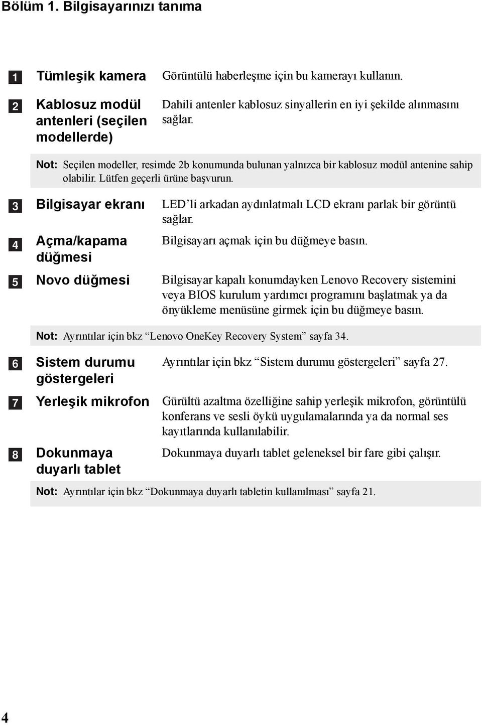 Lütfen geçerli ürüne başvurun. c d e Bilgisayar ekranı Açma/kapama düğmesi Novo düğmesi LED li arkadan aydınlatmalı LCD ekranı parlak bir görüntü sağlar. Bilgisayarı açmak için bu düğmeye basın.