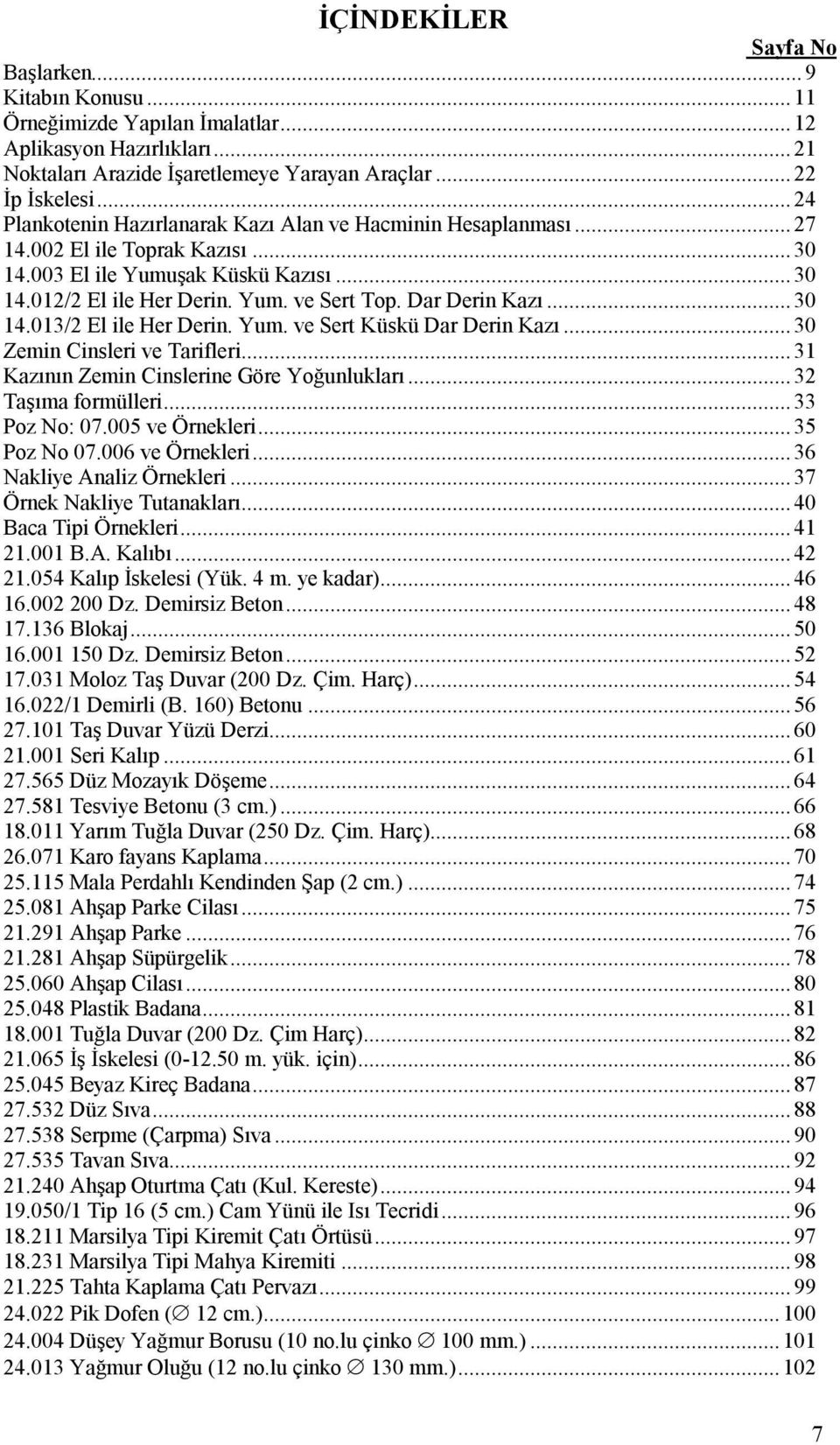 Dar Derin Kazı... 30 14.013/2 El ile Her Derin. Yum. ve Sert Küskü Dar Derin Kazı... 30 Zemin Cinsleri ve Tarifleri... 31 Kazının Zemin Cinslerine Göre Yoğunlukları... 32 Taşıma formülleri.