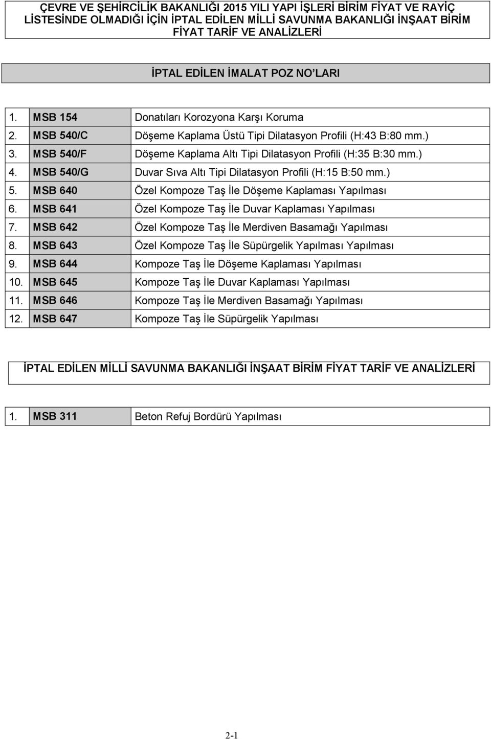 ) 4. MSB 540/G Duvar Sıva Altı Tipi Dilatasyon Profili (H:15 B:50 mm.) 5. MSB 640 Özel Kompoze Taş Đle Döşeme Kaplaması Yapılması 6. MSB 641 Özel Kompoze Taş Đle Duvar Kaplaması Yapılması 7.