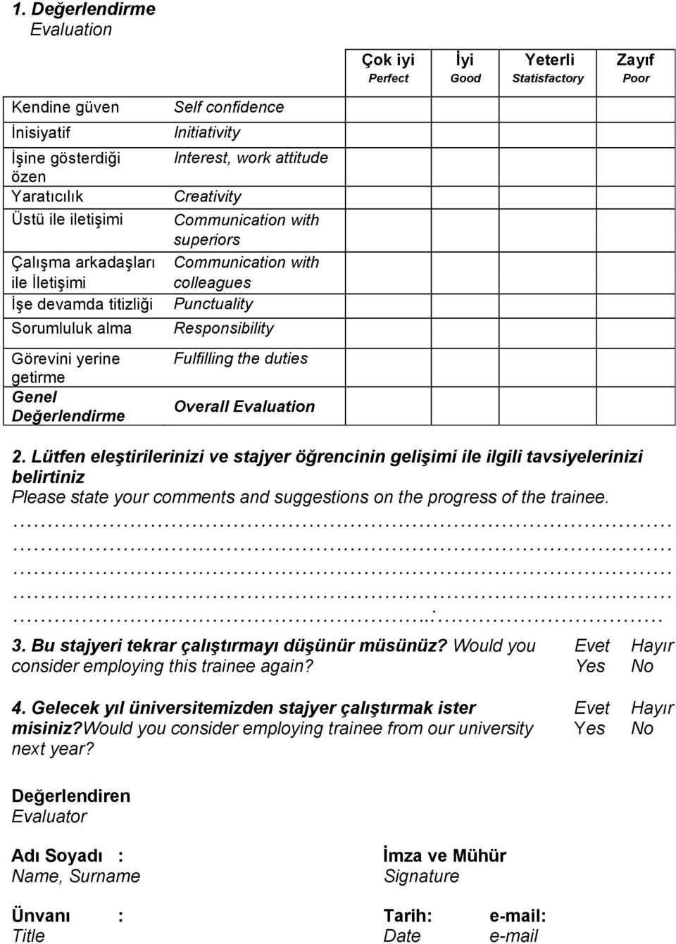 Overall Evaluation Çok iyi İyi Yeterli Zayıf Perfect Good Statisfactory Poor 2.