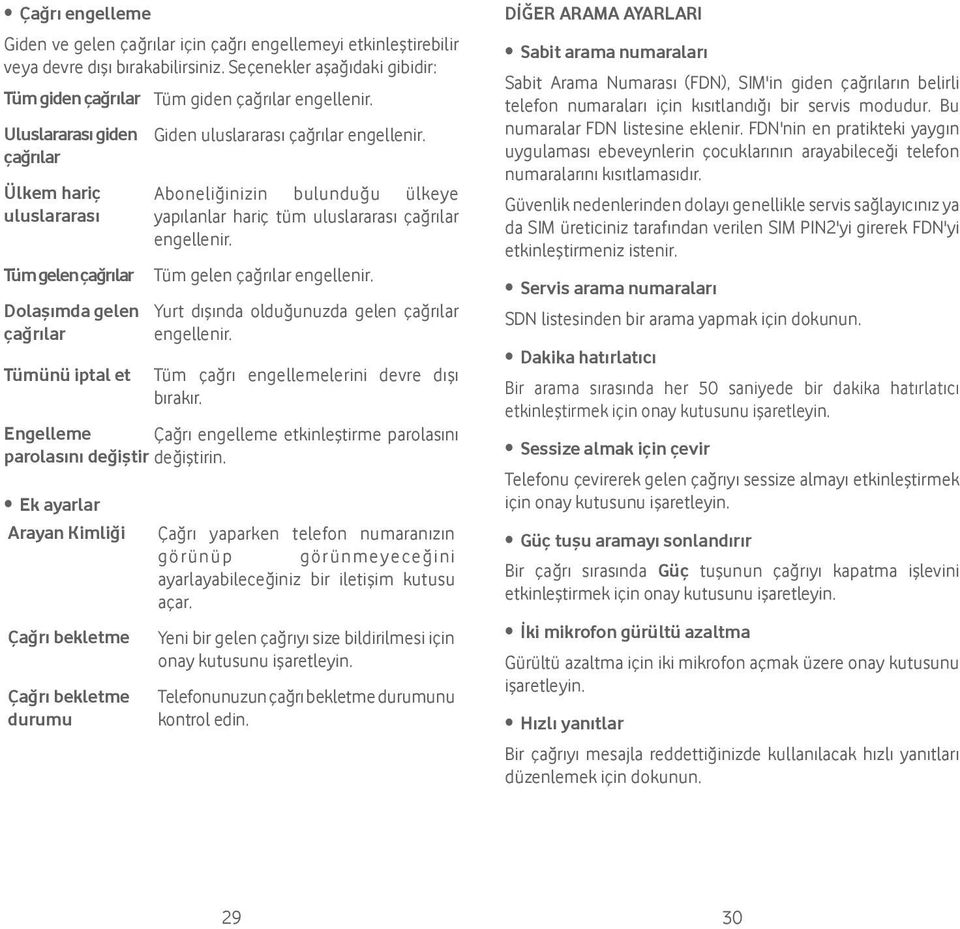 Tüm gelen çağrılar Tüm gelen çağrılar engellenir. Dolaşımda gelen Yurt dışında olduğunuzda gelen çağrılar çağrılar engellenir. Tümünü iptal et Tüm çağrı engellemelerini devre dışı bırakır.