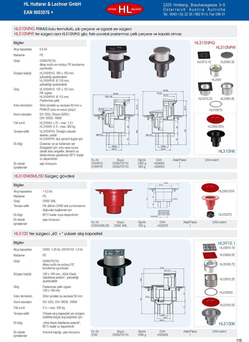 PRIMUS (sulu ve susuz çalışır) Norm standartı EN 1253, ÖNorm B2501, DIN 19535, 19560 HL310NG: L15 max.