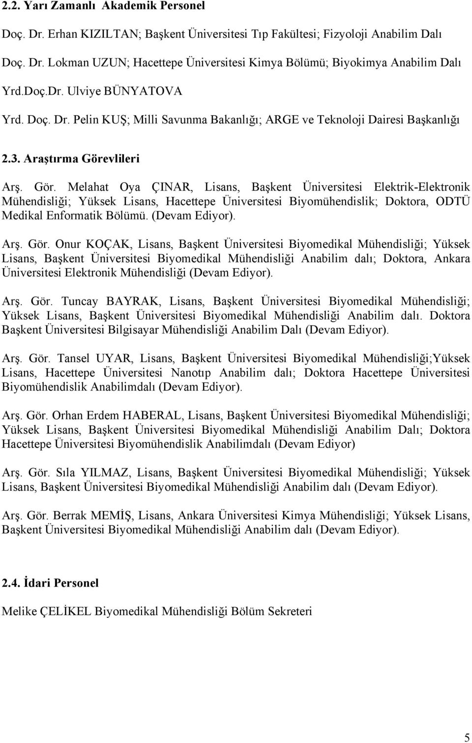 vlileri Arş. Gör. Melahat Oya ÇINAR, Lisans, Başkent Üniversitesi Elektrik-Elektronik Mühendisliği; Yüksek Lisans, Hacettepe Üniversitesi Biyomühendislik; Doktora, ODTÜ Medikal Enformatik Bölümü.