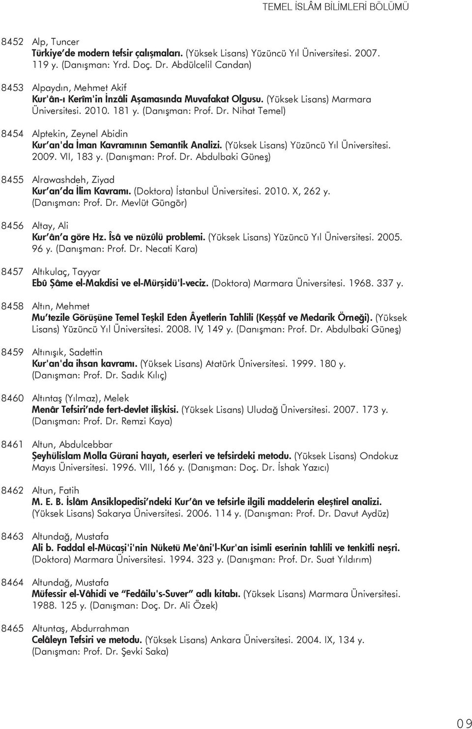 Nihat Temel) 8454 Alptekin, Zeynel Abidin Kur an'da İman Kavramının Semantik Analizi. (Yüksek Lisans) Yüzüncü Yıl Üniversitesi. 2009. VII, 183 y. (Danışman: Prof. Dr.